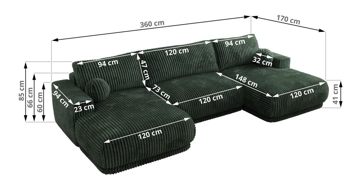 WOHNLANDSCHAFT RINA U Dunkelgrün Cord - Dunkelgrün/Schwarz, Kunststoff/Textil (360/85/170cm) - MKS