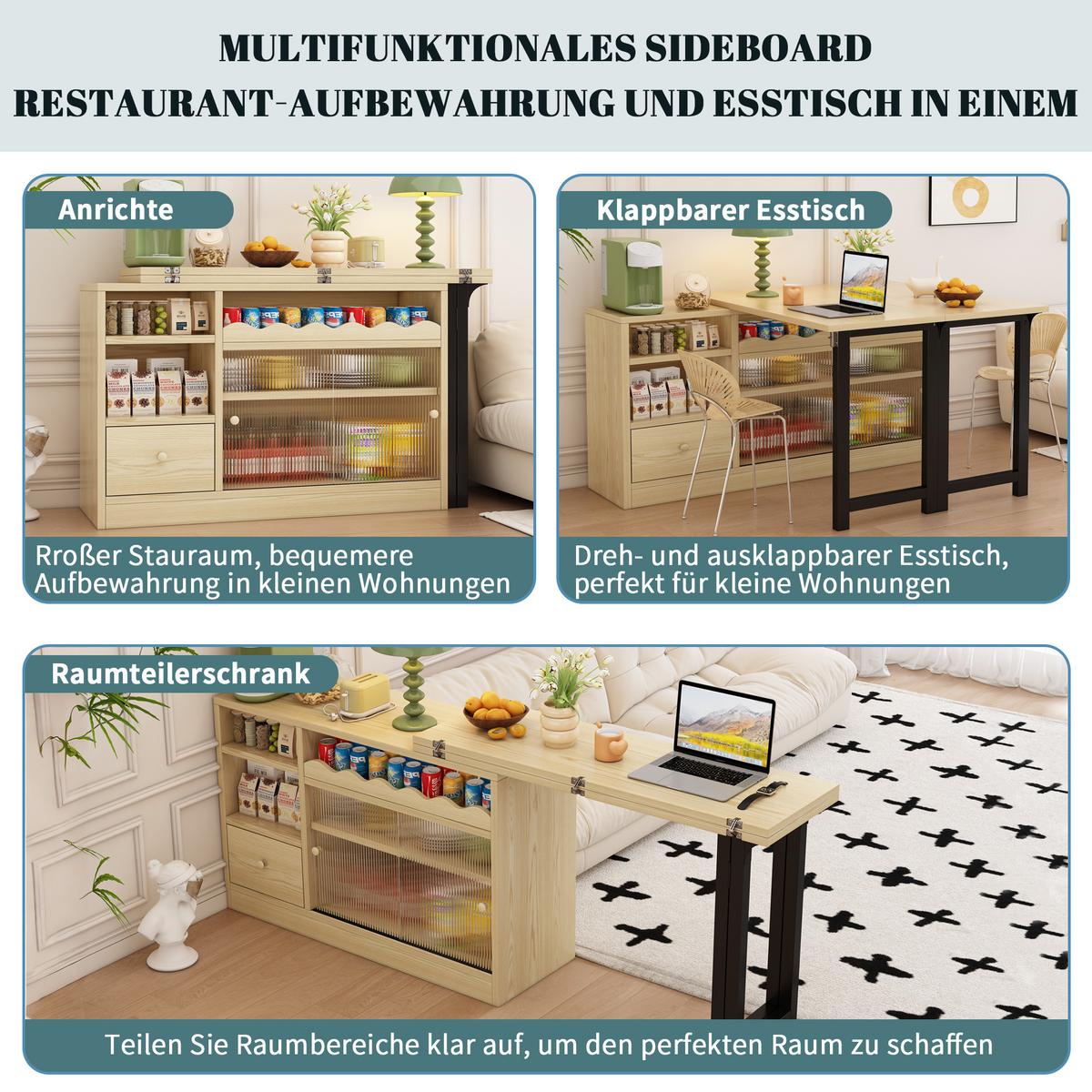 MULTIFUNKTIONALER Esstisch und Sideboard (klappbar) mit Stauraum - Weiß, Holzwerkstoff/Metall (110/120/75cm) - Urban Meuble