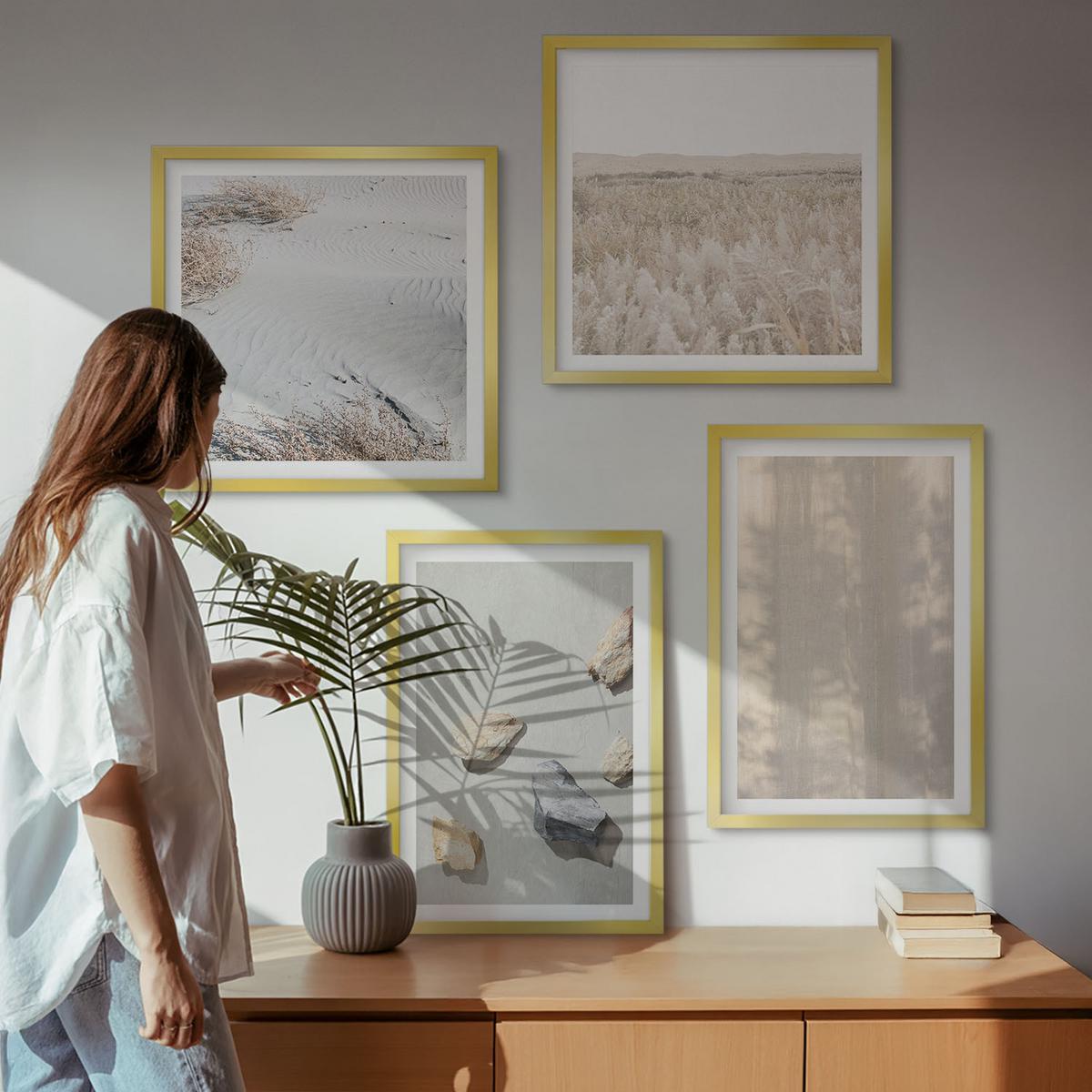 BILDER SET 4er Set - 50x50 cm & 40x60 cm Goldrahmen - Boho-Naturtexturen - Goldfarben, Kunststoff (50/50cm) - TULUP