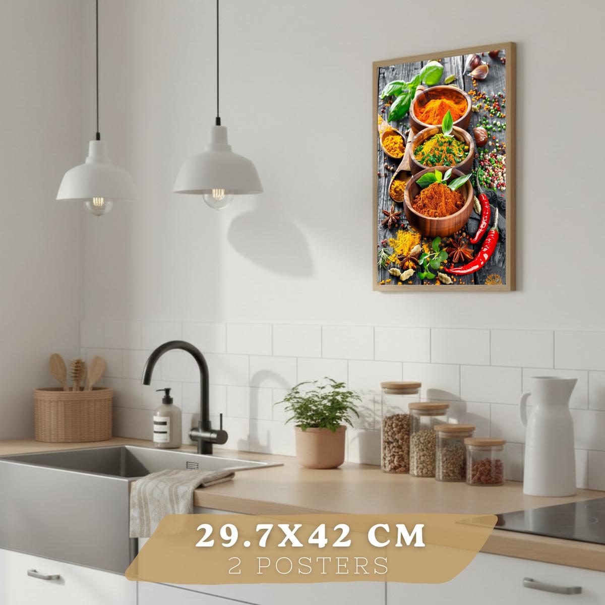 POSTER 2er Set Küchen-Wandbilder Cocktail Aperol und Gewürze Warme Farbtöne Esszimmer Wanddeko Leichter Holzrahmen A3 - Beige, Papier (29.7/1/42cm) - Nacnic