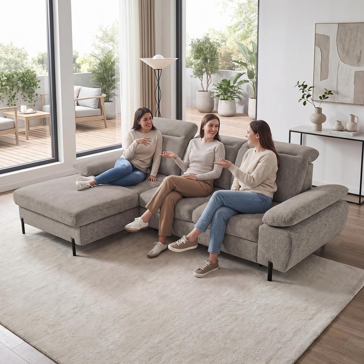 ECKSCHLAFSOFA Sora Mini mit verstellbaren Kopfstützen und Schlaffunktion, Chenille-Stoff, Hellbraun, Links - Hellbraun/Schwarz, Textil (285/190cm) - Beautysofa