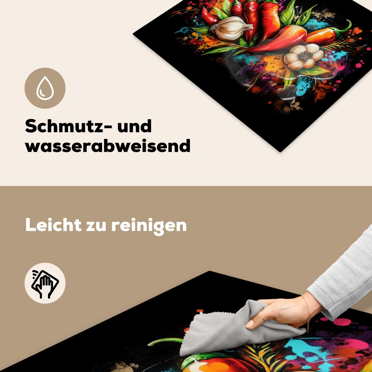 HERDABDECKPLATTE Gemüse - Paprika - Knoblauch - Graffiti - Farbe - Bunt Ceranfeldabdeckung 59x52 cm - Rot, Kunststoff (59/52/0.2cm) - MuchoWow