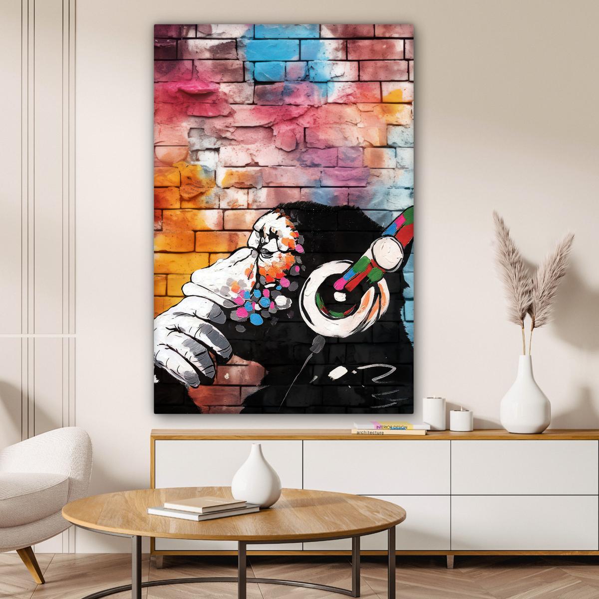 LEINWANDBILD Affe - Graffiti - Musik Deko Groß 90x140 cm - Multicolor, Textil (90/140cm) - MuchoWow