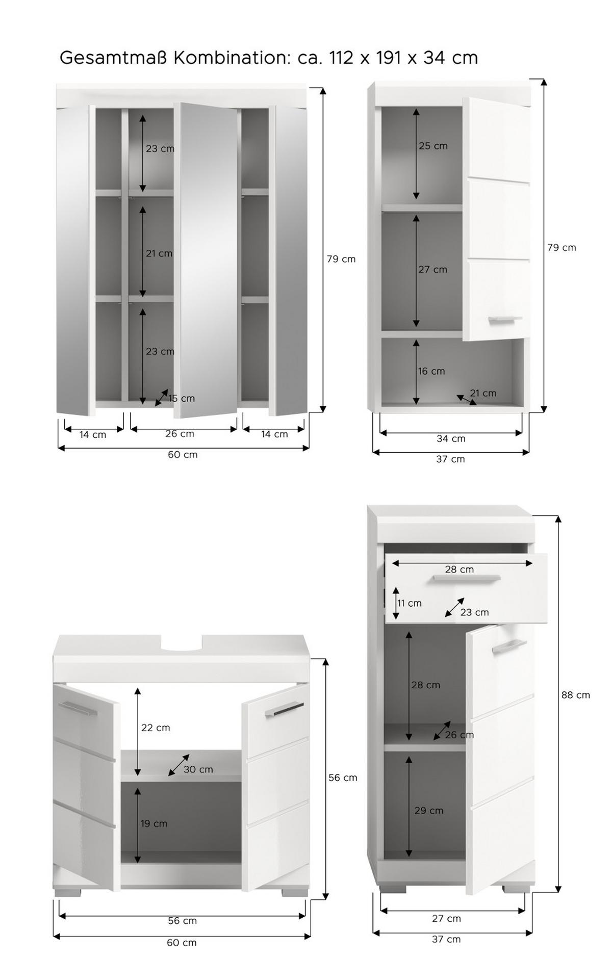 BADMÖBEL-SET weiß Hochglanz 4-teilig 112 x 191 cm, Komplettset mit viel Stauraum - Weiß Hochglanz, Glas/Holzwerkstoff (112/191/34cm) - Inn.Furn