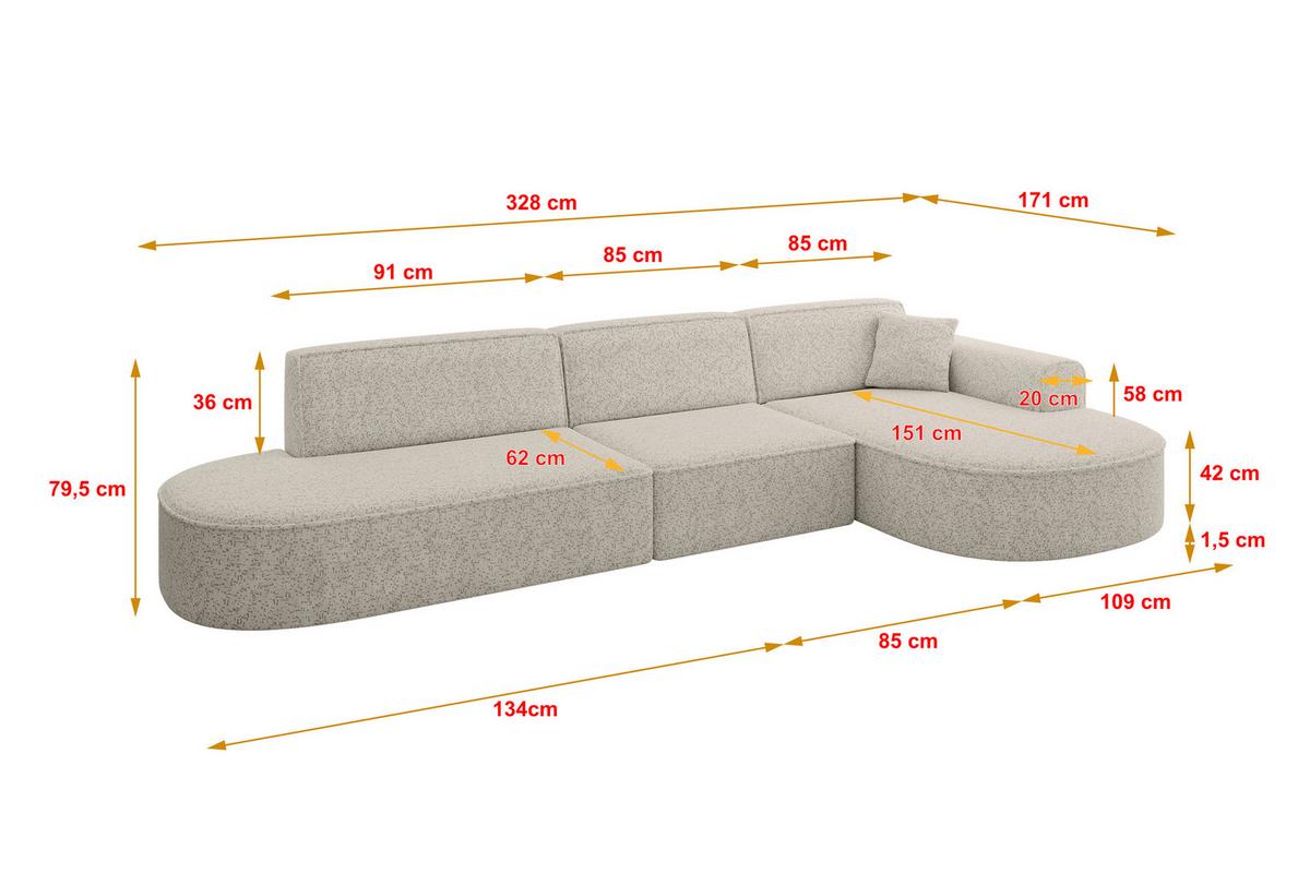 ECKSOFA Ottomane Rechts MARI-L2 - 328x171x79 cm Beige Tissu - Beige/Schwarz, Holzwerkstoff/Kunststoff (171/328cm) - ALTDECOR
