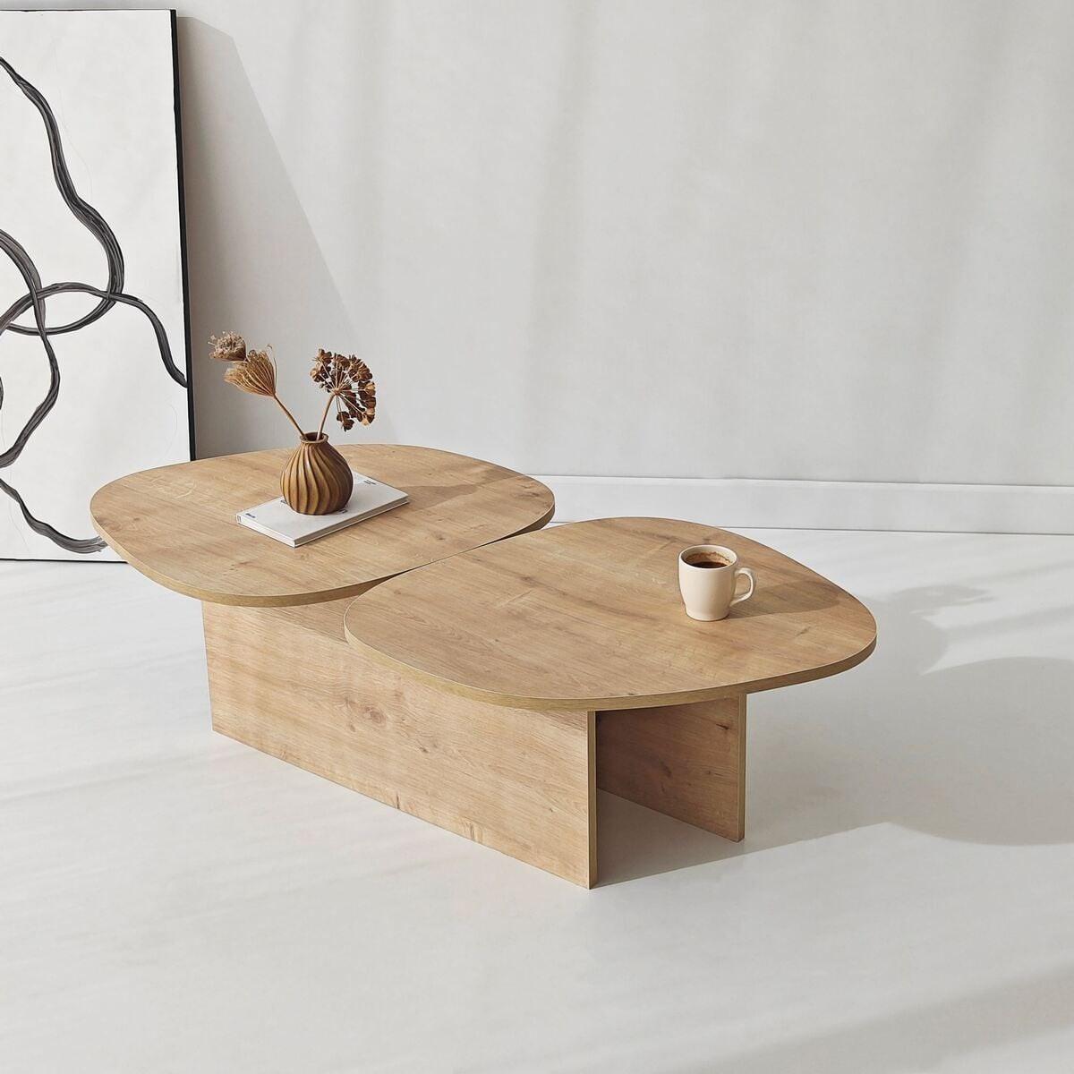 COUCHTISCH mit doppelter Platte in organischer Form 125/60/38 cm - Eichefarben, Holzwerkstoff (10/60/38cm) - Calicosy