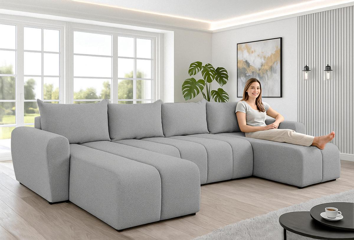 WOHNLANDSCHAFT Ferrande Hellgrau 318/149/91 cm mit Bettkasten Schlaffunktion Komfort - Hellgrau/Schwarz, Kunststoff/Textil (318/91/149cm) - AX Living