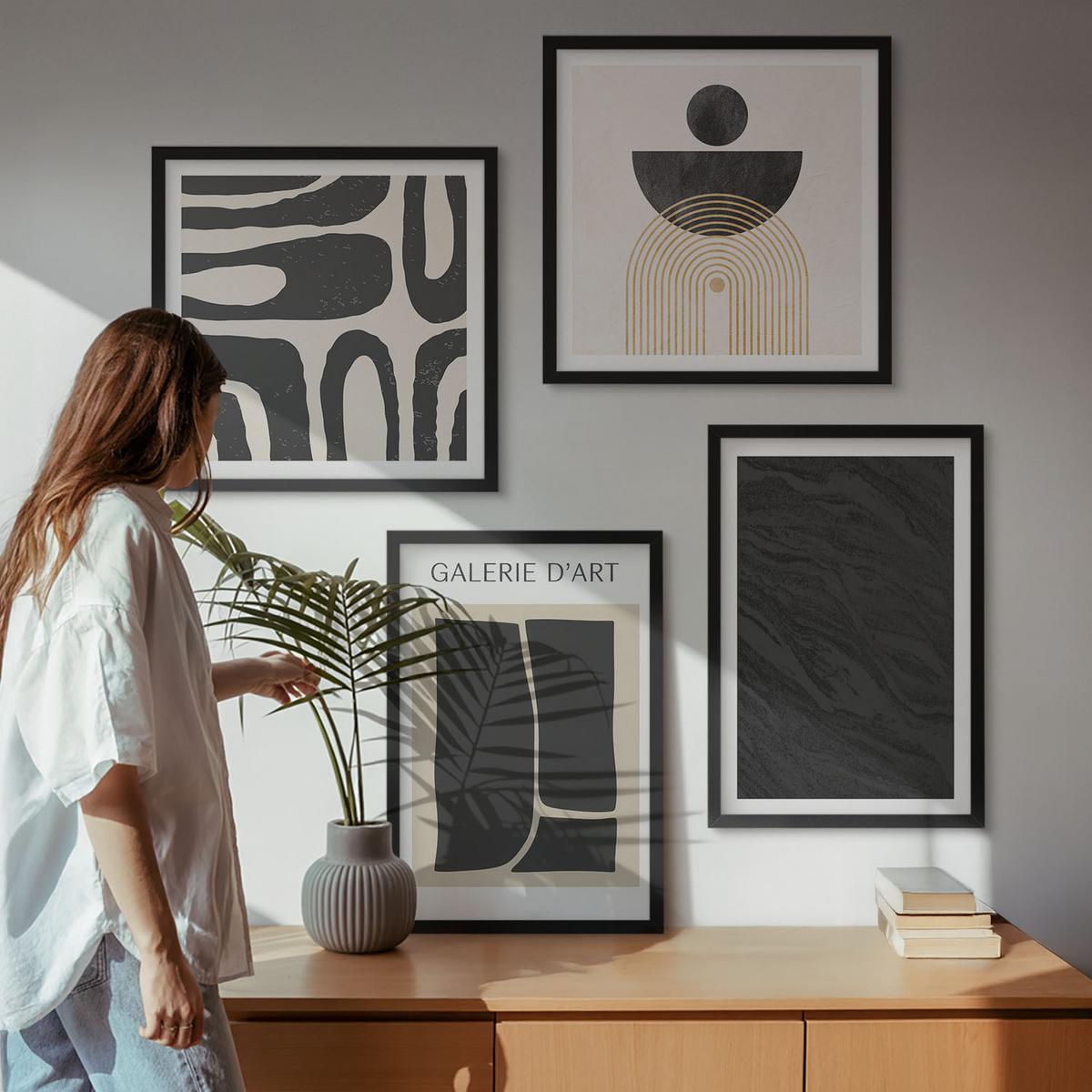 BILDER SET 4er Set - 50x50 cm & 40x60 cm Schwarzer Rahmen - Abstrakte Marmorformen - Schwarz, Kunststoff (50/50cm) - TULUP