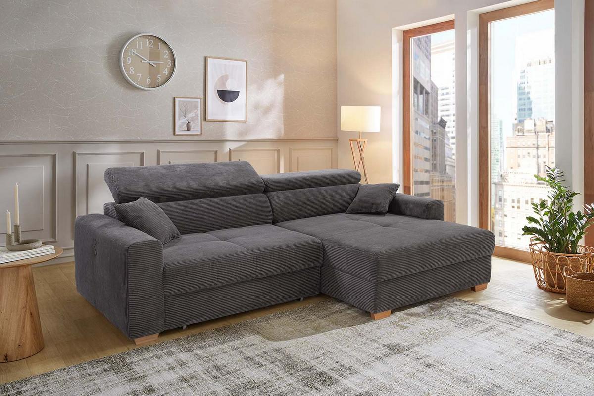 ECKSOFA mit elektrischer Sitztiefenverstellung, Kopflehnen verstellbar, USB-A und USB-C Ladefunktion B277/T187/H109 cm, Cord Dunkelgrau / 15402 - Dunkelgrau/Eichefarben, Eichenholz/Textil (277/187cm) - luma-home