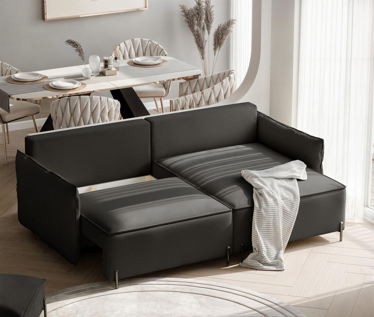 ECKSOFA MARCO Rechts, mit Schlaffunktion und Bettkasten, Anthrazit - Anthrazit, Textil/Metall (221/148cm) - Idohome