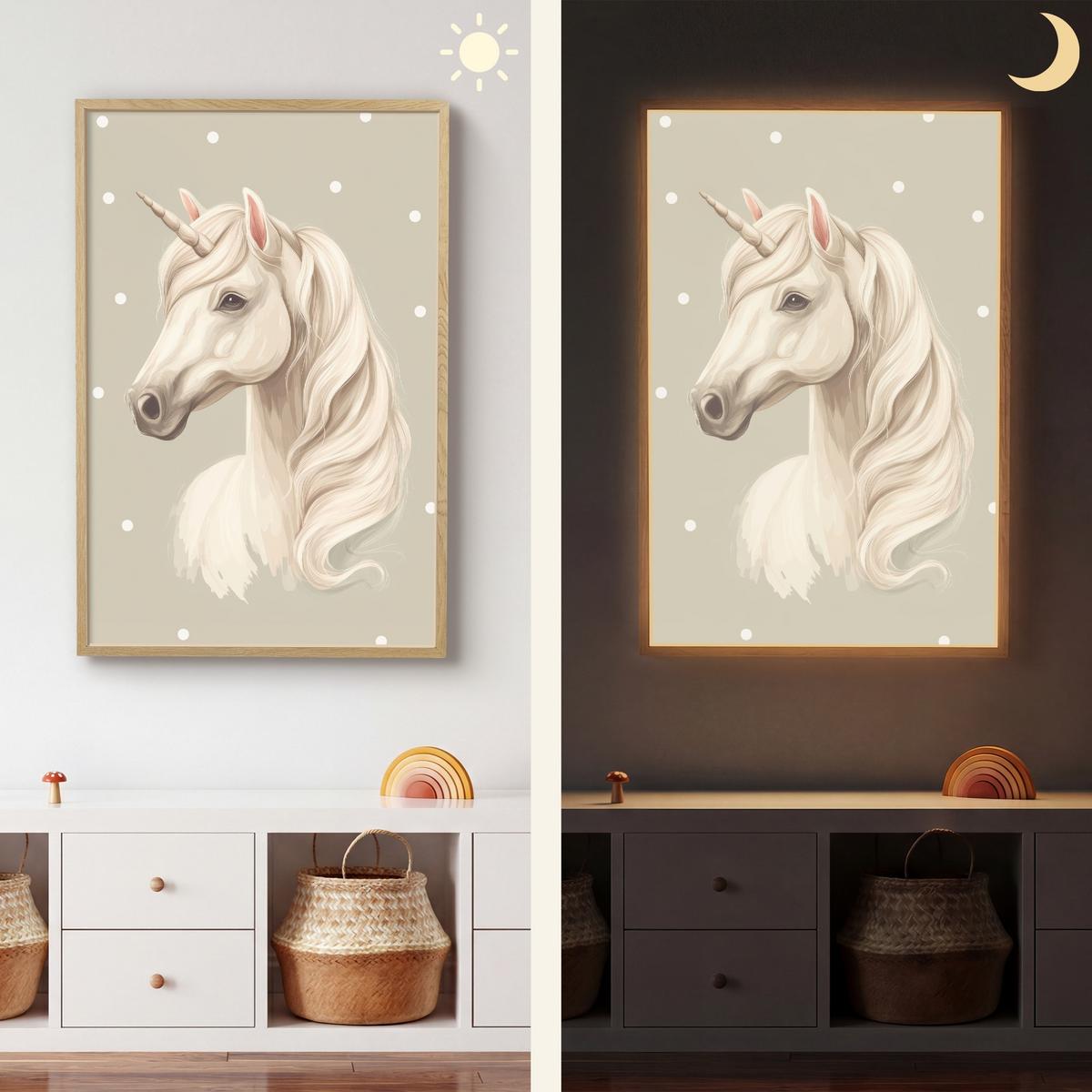 WANDLEUCHTE MIT AKKU Einhorn - Weiß - Punkte 60x90 cm - Taupe, Holzwerkstoff (60/90/8cm) - OnlyWow