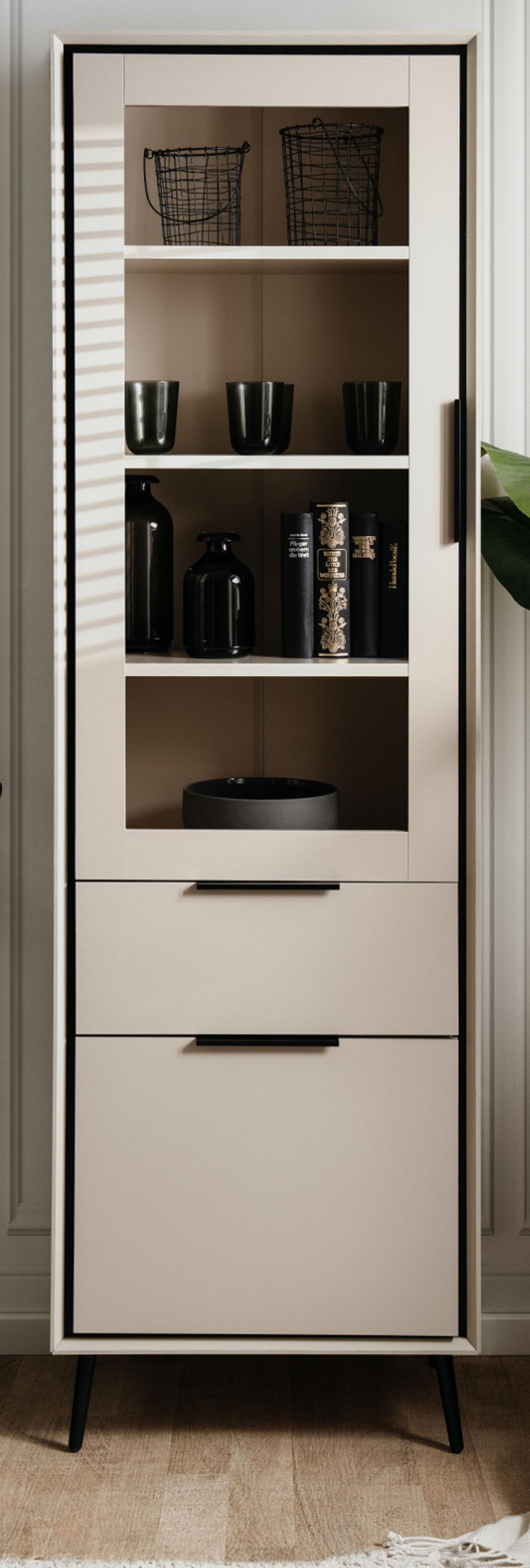 VITRINE sand, schwarz 60 cm, Vitrinenschrank mit Soft-Close-Funktion - Sandfarben/Schwarz, Glas/Holzwerkstoff (60/200/38cm) - Furn.Design