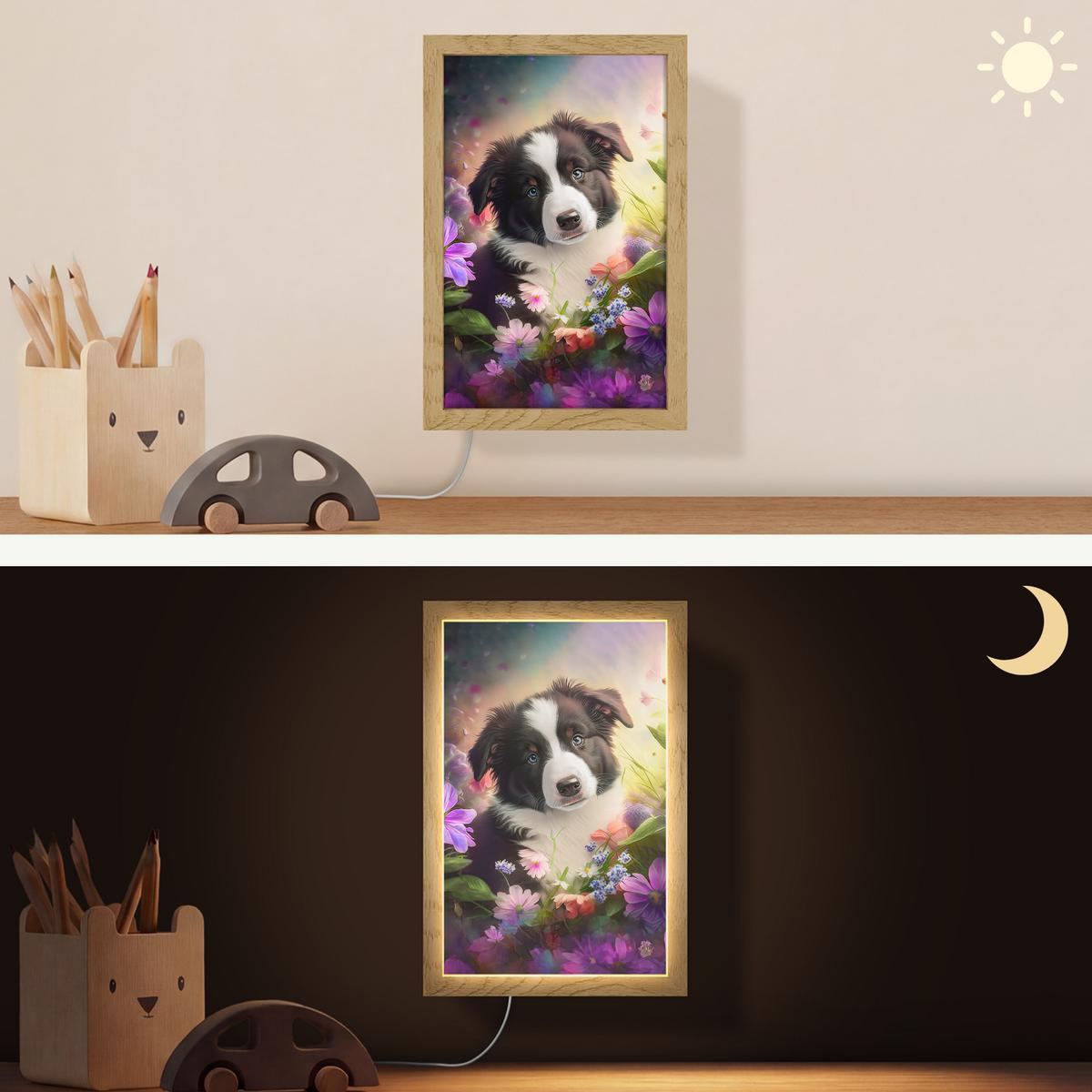 WANDLEUCHTE Welpe - Sonne - Blumen - Natur - Border Collie - Hund 20x30 cm - Violett, Holzwerkstoff (20/30/8cm) - OnlyWow
