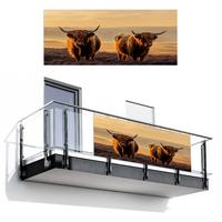 BALKON-SICHTSCHUTZ Schottische Hochlandbewohner - Heide - Landschaft - Tiere Balkon Deko 300x130 cm - Cognac, Kunststoff (300/130cm) - MuchoWow