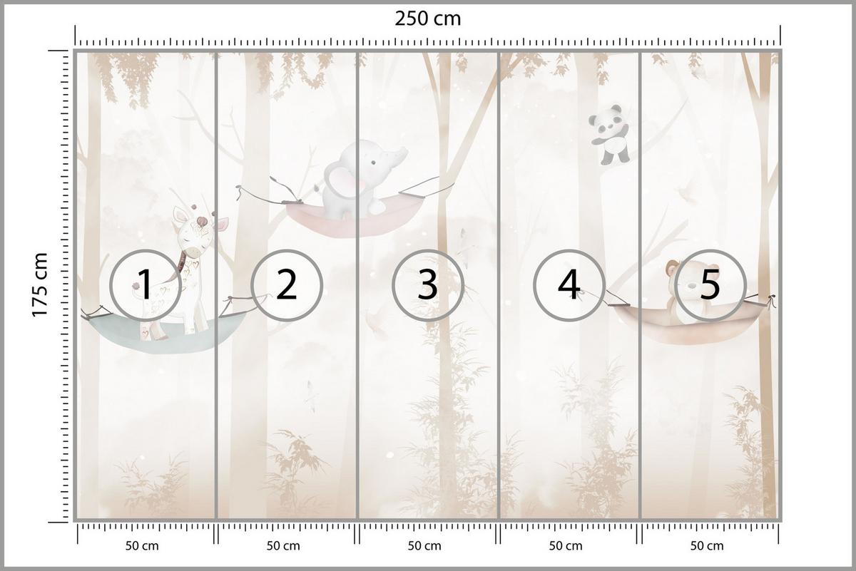 FOTOTAPETE für Kinderzimmer Tiere Hängematten WALD Elefant Giraffe 250x175 - Beige/Schwarz, Papier (250/175cm) - Muralo