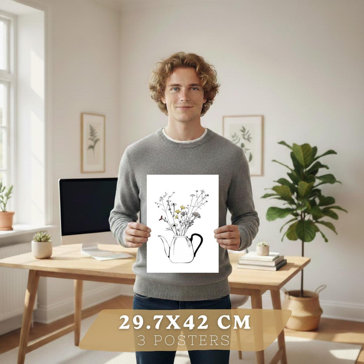 POSTER 3er Set Blumen in Kaffeekanne Wandbilder Mokkakanne Teekanne Tasse Strichzeichnung Küche Deko Leichter Holzrahmen A3 - Beige, Papier (29.7/1/42cm) - Nacnic