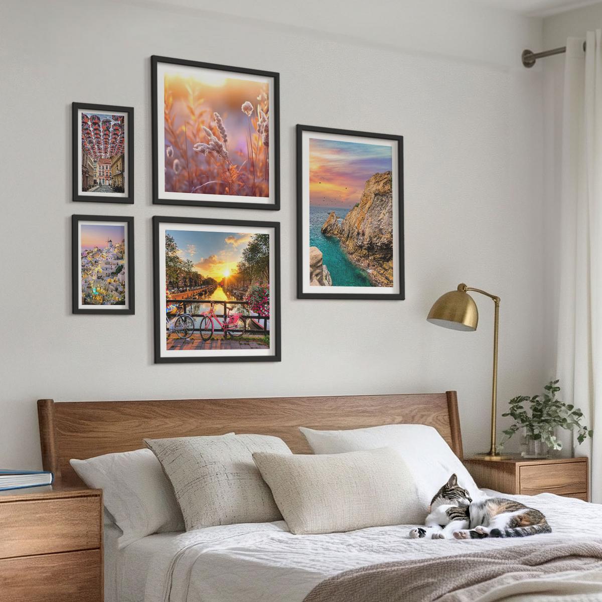 BILDER SET 5er Set - 50x50 cm & 20x30 cm & 40x60 cm Schwarzer Rahmen - Sonnenuntergänge am Meer - Schwarz, Kunststoff (40/60cm) - TULUP
