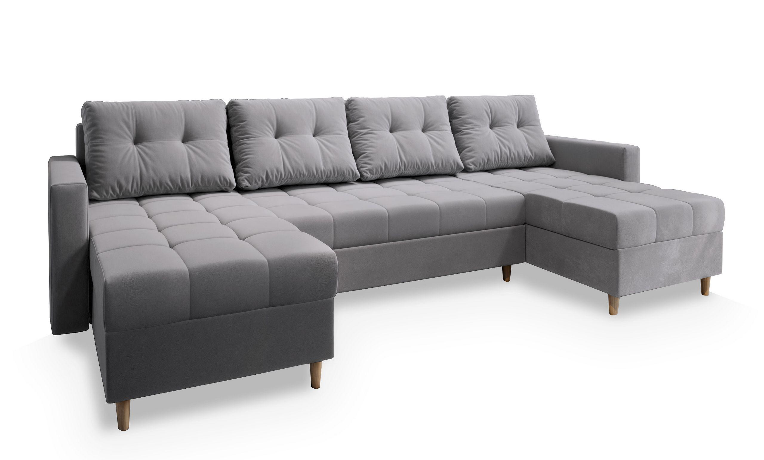 WOHNLANDSCHAFT MILO U Hellgrau Plüsch-Stoff mit Schlaffunktion - Hellgrau/Braun, Holz/Textil (285/91/140cm) - MASSENO