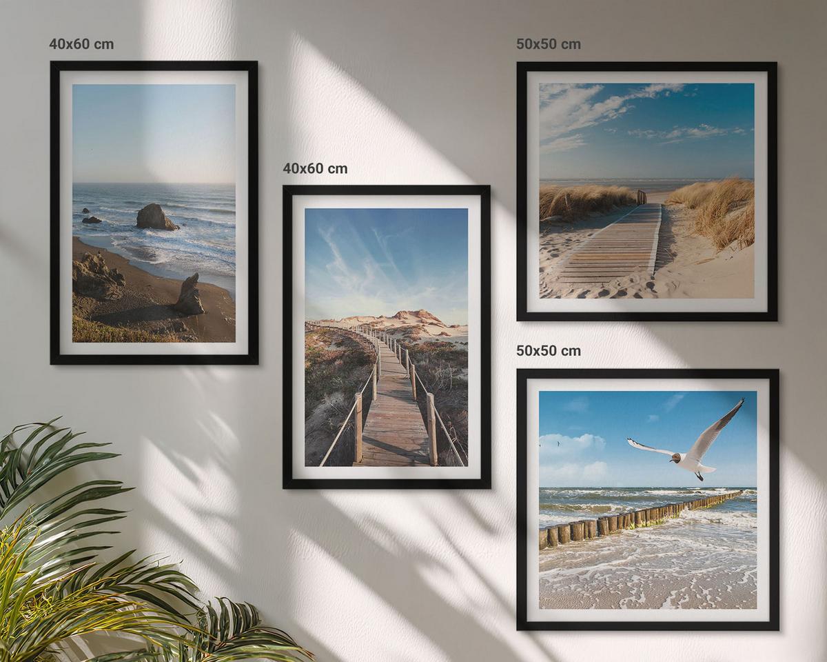 BILDER SET 4er Set - 50x50 cm & 40x60 cm Schwarzer Rahmen - Strandwellen, Himmelsbrücke, Spaziergang - Schwarz, Kunststoff (50/50cm) - TULUP