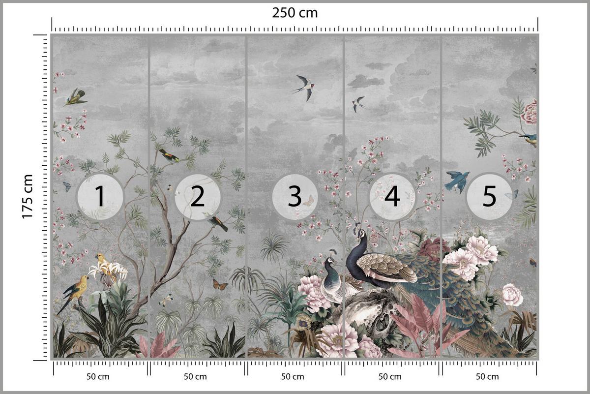 FOTOTAPETE für Büro Pfauen Vögel Pflanzen Bäume Tropische Blumen 250x175 - Multicolor, Papier (250/175cm) - Muralo