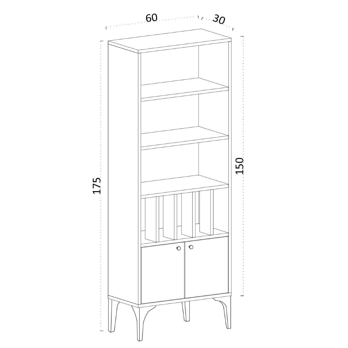 REGAL Bücherregal 8 Regale 2 Türen Eiche Saphir Dekor H175 cm - Pollux - Eschefarben, Holzwerkstoff (30/175/11cm) - Calicosy