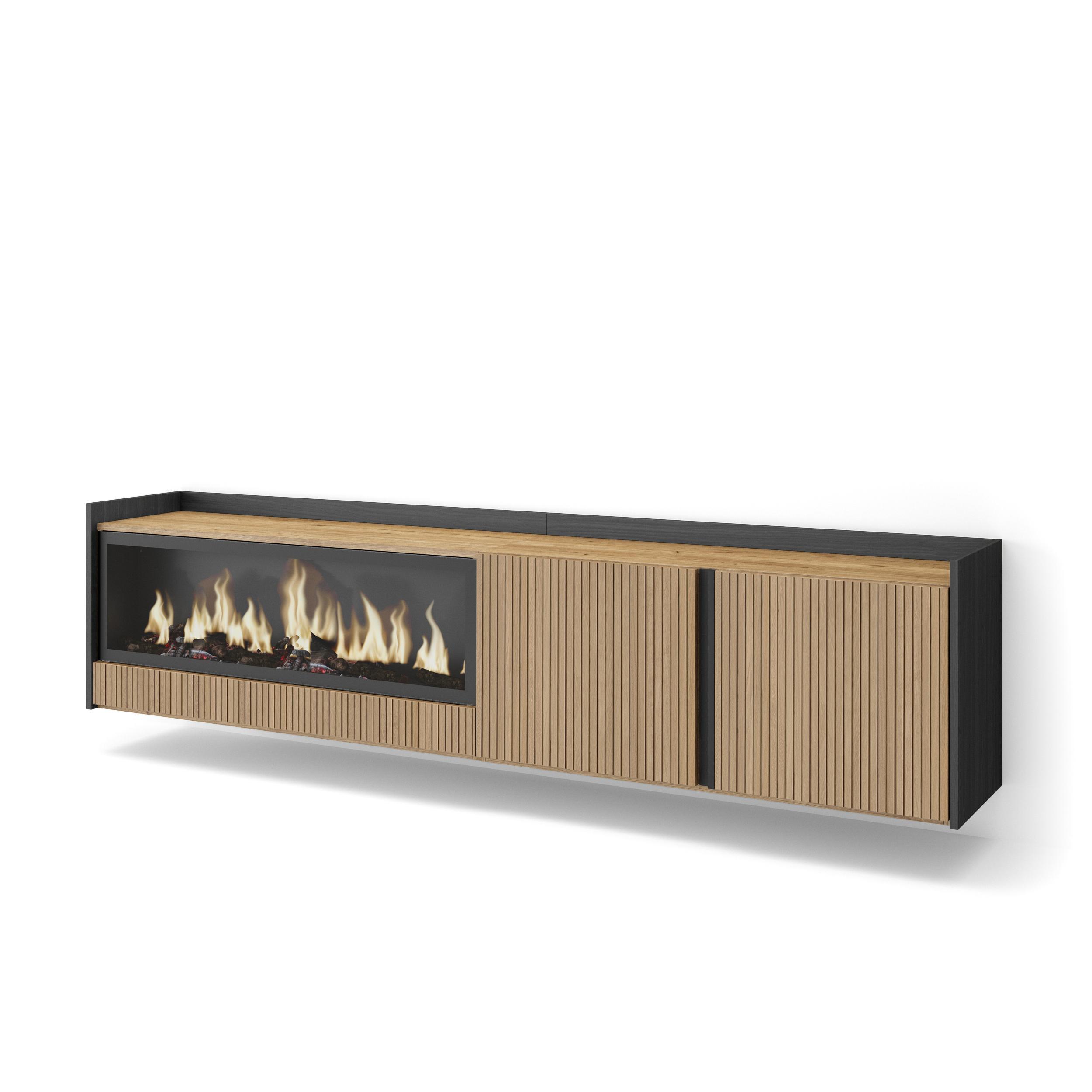 LOWBOARD, Eiche und Schwarz, 212/35/50cm, Elektrokamin XXL, Hängend - Eichefarben, Holzwerkstoff (212/50/35cm) - Skraut Home