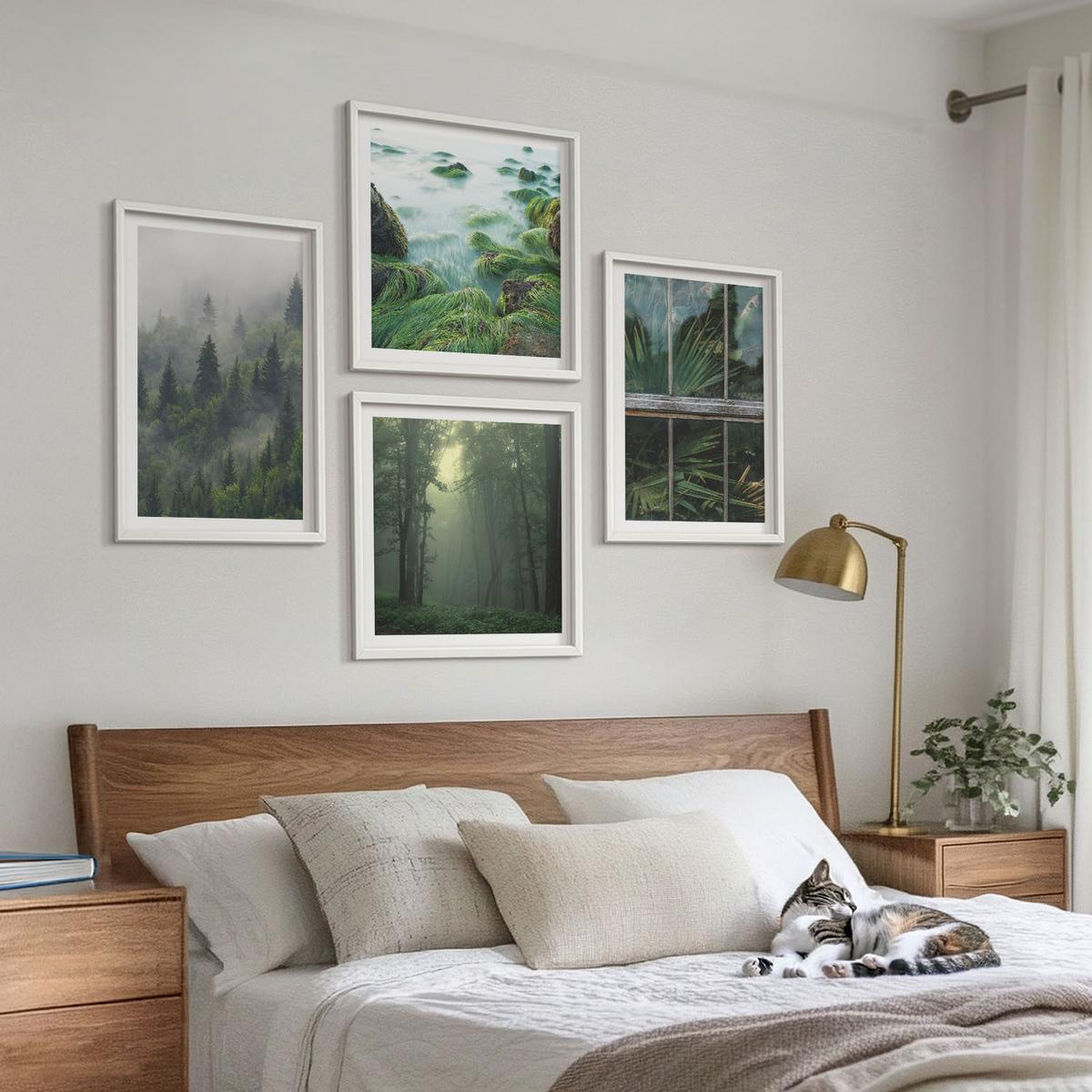 BILDER SET 4er Set - 50x50 cm & 40x60 cm Weißer Rahmen - Waldnebel, Fluss, Gewächshauspflanzen - Weiß, Kunststoff (50/50cm) - TULUP
