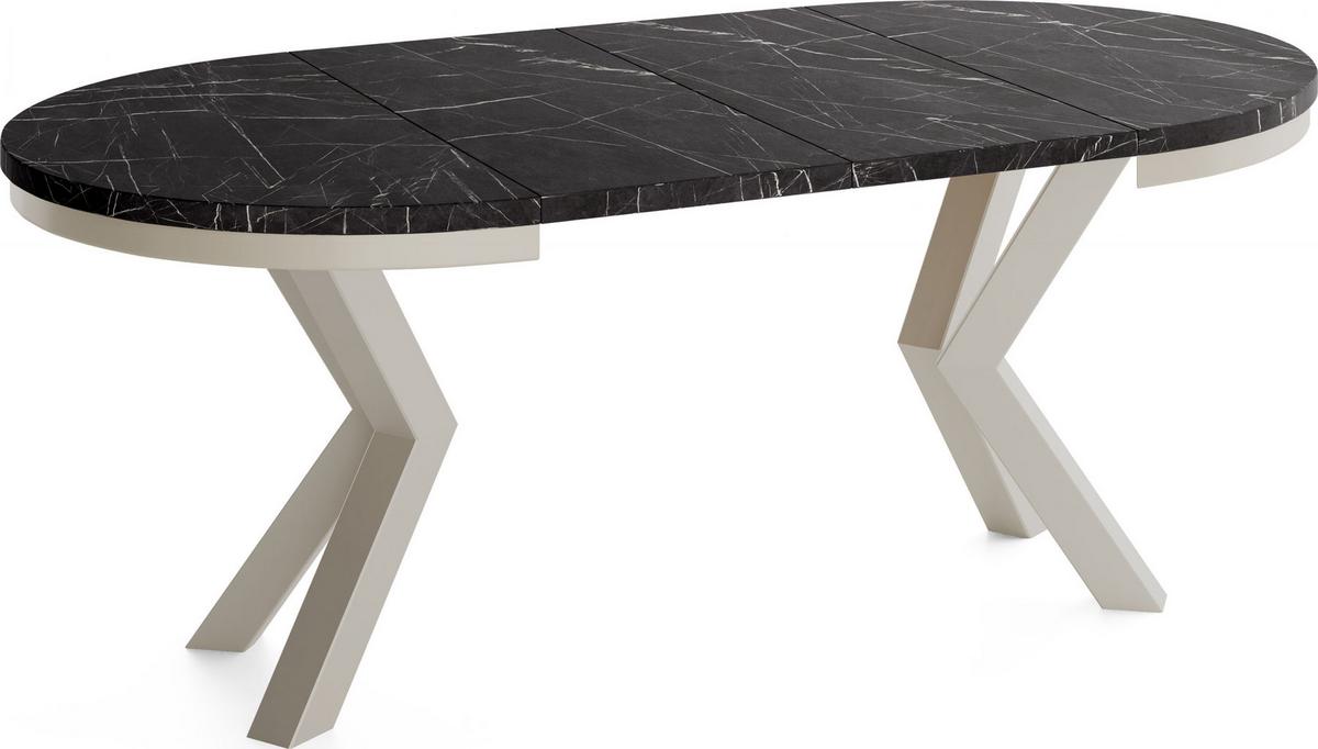 ESSTISCH Clara Grau-Beige runder ausziehbarer, Marmor Schwarz 120-200/120/76 cm - Greige/Anthrazit, Holzwerkstoff/Metall (120/196/76cm) - WFL GROUP