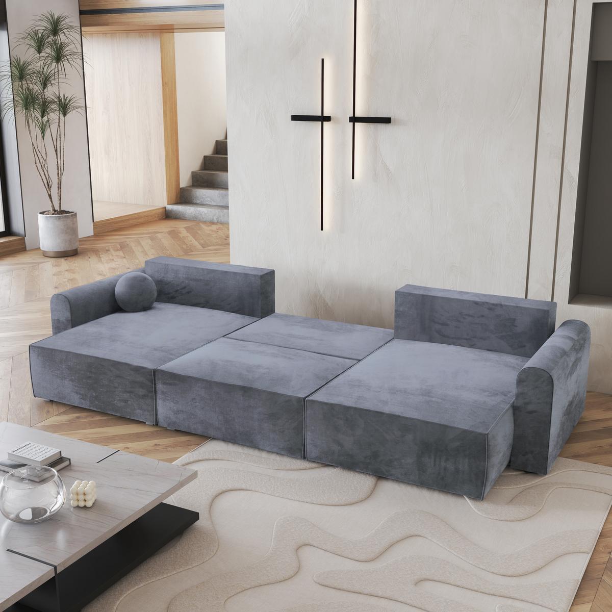 WOHNLANDSCHAFT FENTO M Grau Velours-Stoff mit Schlaffunktion - Grau, Holz/Kunststoff (347/90/148cm) - MASSENO