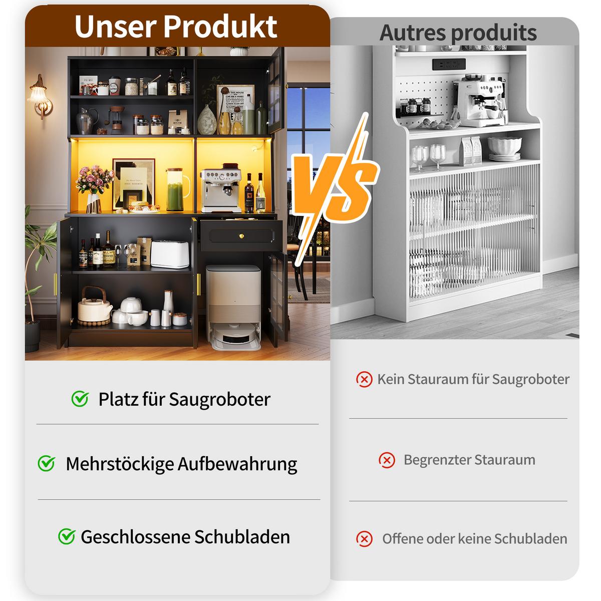 KÜCHENSCHRANK Schwarz 130x180 cm mit App-LED & Saugroboter-Garage - Schwarz, Holzwerkstoff (130/180/45cm) - Urban Meuble