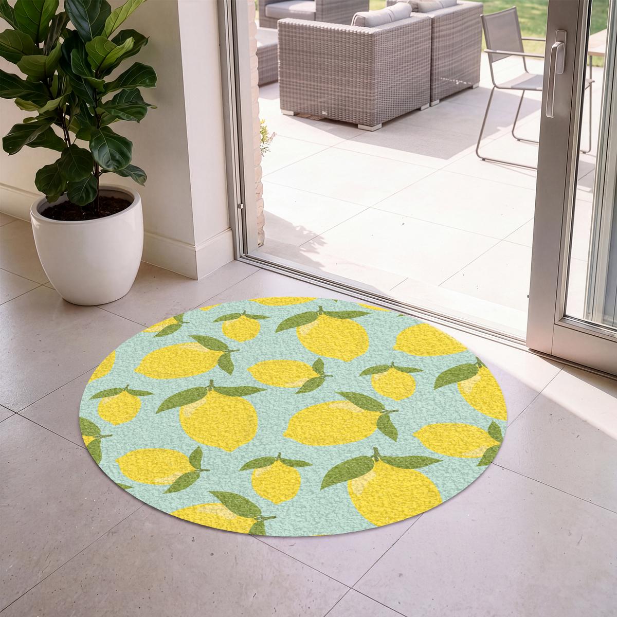 FUSSMATTE Muster Zitronen - Gelb - Blau - Muster - Früchte Flurteppich 120x120 cm - Gelb, Kunststoff (120/0.4cm) - MuchoWow