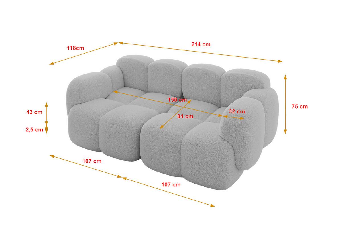2-SITZER modulares Sofa Miko-S1 214x118x75 cm Hellgrau Bouclé - Edelstahlfarben/Schwarz, Holzwerkstoff/Kunststoff (214/75/118cm) - ALTDECOR