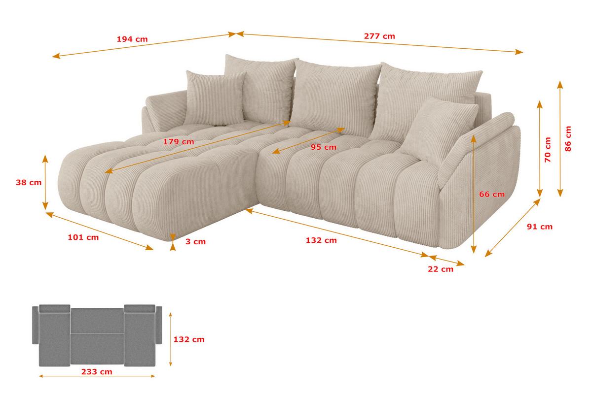 ECKSOFA mit Schlaffunktion Ottomane Links TOKO-L-v1 277x194x86 Beige Cord - Beige/Schwarz, Holzwerkstoff/Kunststoff (277/194cm) - ALTDECOR