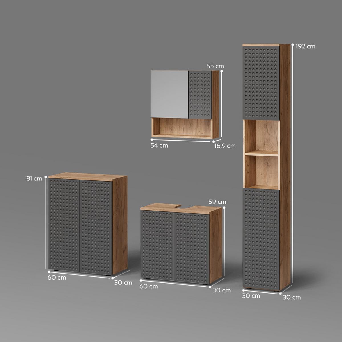 BADMÖBEL-SET Ronco Anthrazit gepunktet 4 Teile, mit Hochschrank und Kommode - Anthrazit, Holzwerkstoff (60/59/30cm) - Livinity®