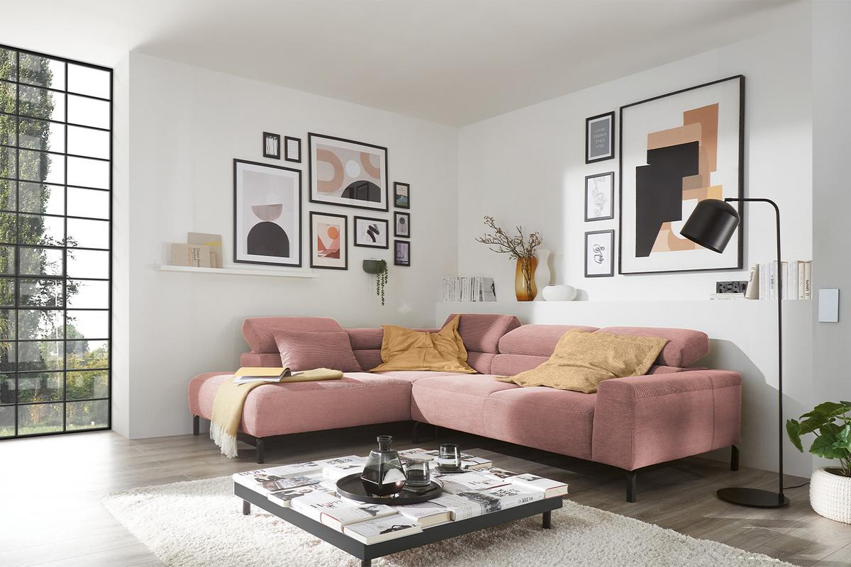ECKSOFA MIT MOTORISCHEM SITZVORZUG DELIA Pink Cord Relaxfunktion - Schwarz/Rosa, Textil/Metall (276/219cm) - KAWOLA