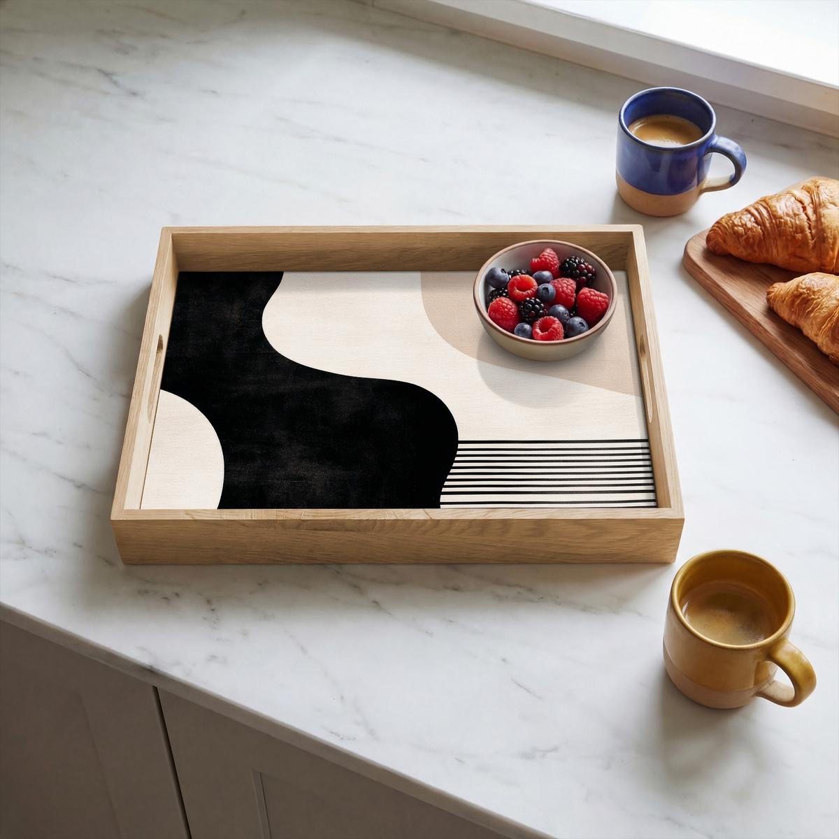 TABLETT Abstrakt - Japandi - Beige - Modern 40x30 cm - Schwarz, Holz (40/5/5cm) - OnlyWow