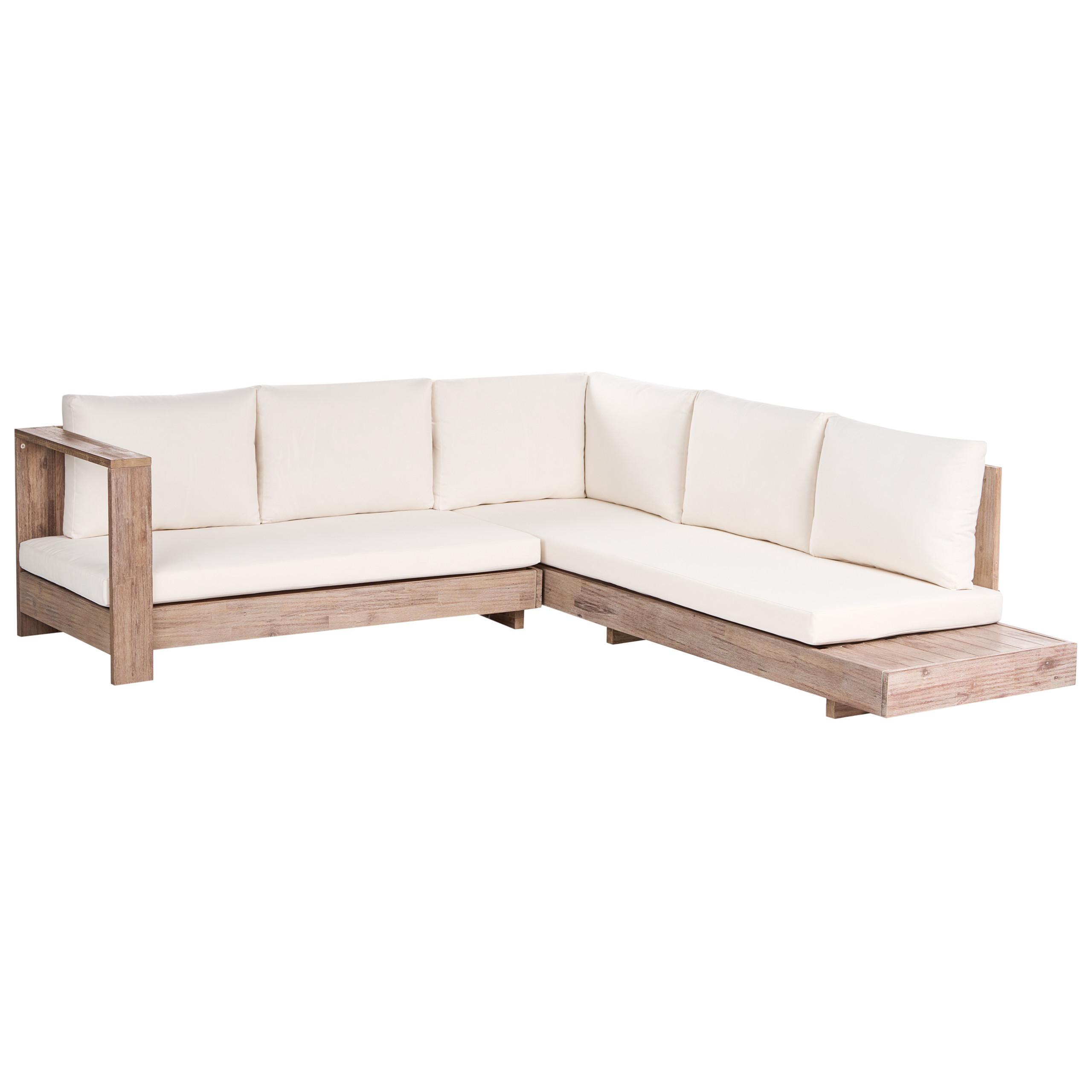 GARTENECKSOFA 5-Sitzer zertifiziertes Akazienholz rechtsseitig Cremeweiß Marettimo - Hellbraun/Braun, Holz (225/64/212cm) - Beliani
