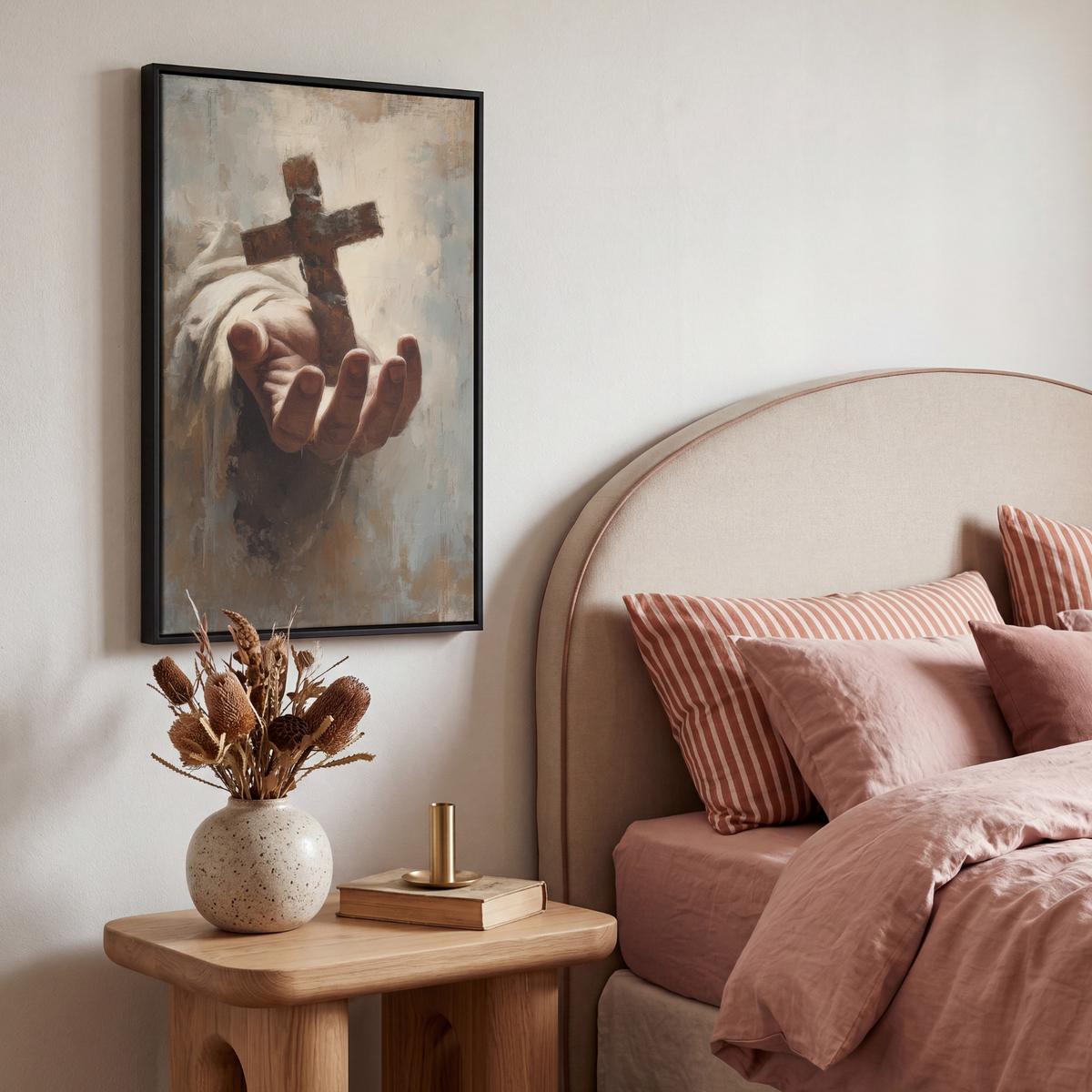 LEINWAND Bilder mit Rahmen - Abstrakt - Kreuz - Hand - Christentum - 40x60 - Hellbraun, Textil (40/60cm) - MuchoWow