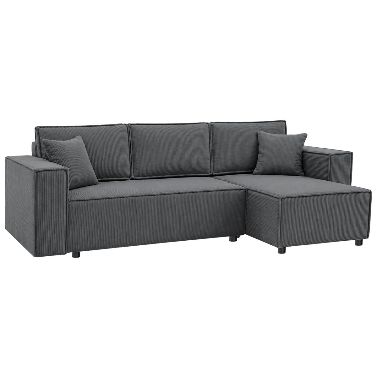 ECKSCHLAFSOFA Neapol mit Bettkasten, 255 cm, Cord-Stoff, Dunkelgrau - Dunkelgrau/Schwarz, Textil (256/148cm) - Beautysofa