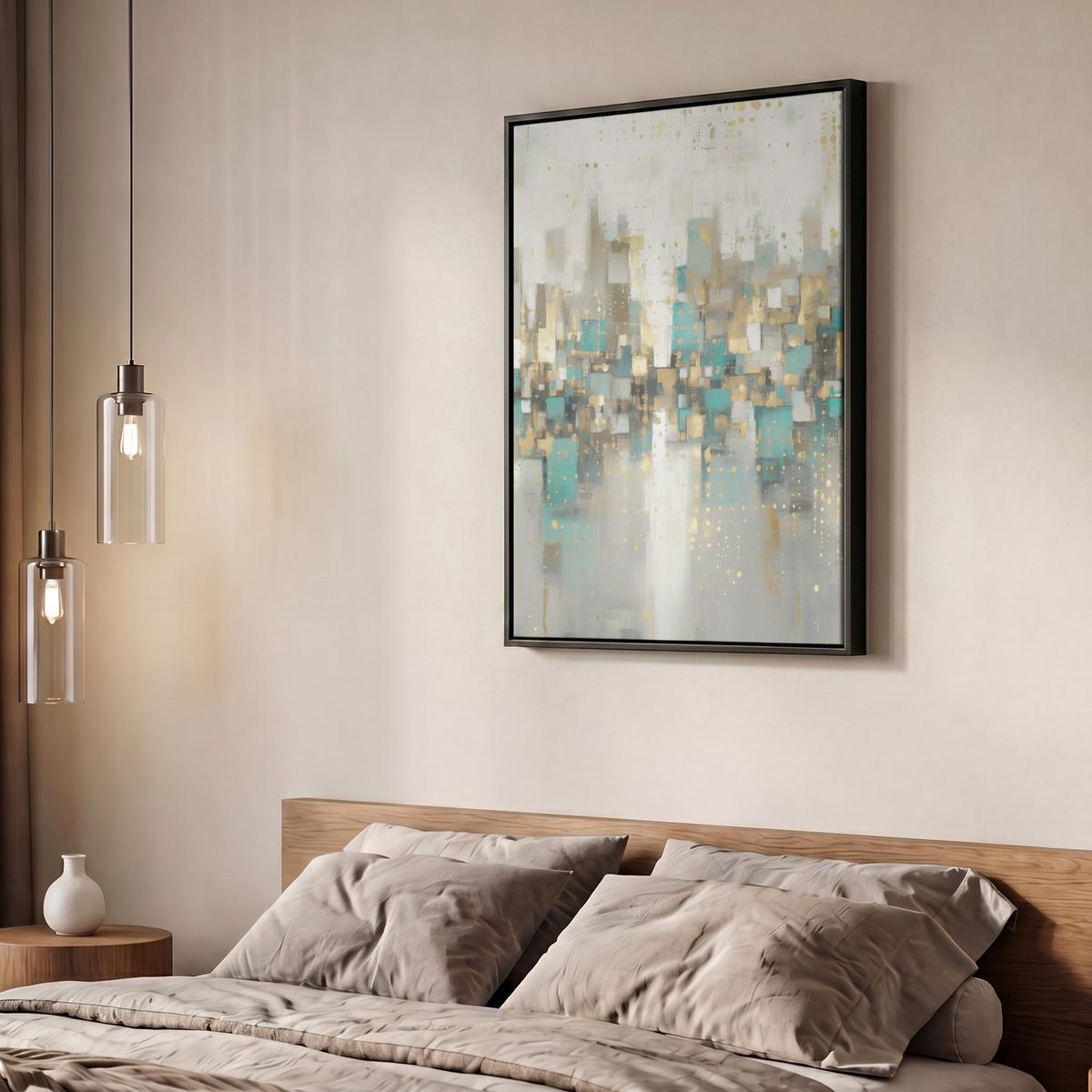 LEINWAND Bilder mit Rahmen - Abstrakt - Blöcke - Gold - Skyline - 50x70 - Beige, Textil (50/70cm) - MuchoWow