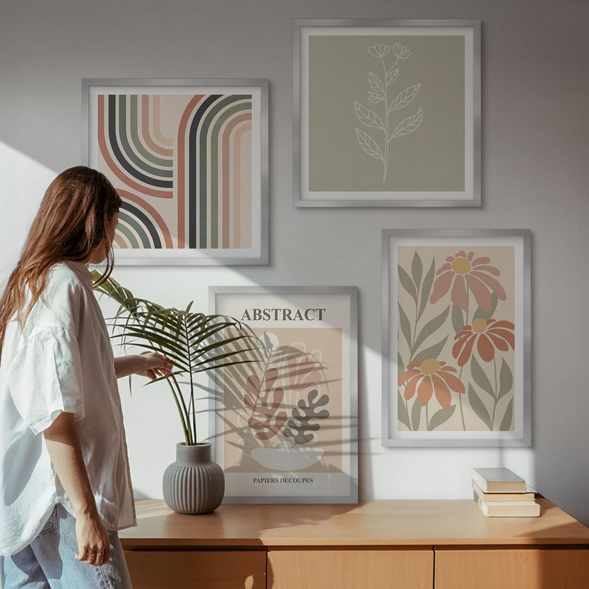 BILDER SET 4er Set - 50x50 cm & 40x60 cm Silberner Rahmen - Abstrakte Pastellpflanzen - Silberfarben, Kunststoff (50/50cm) - TULUP