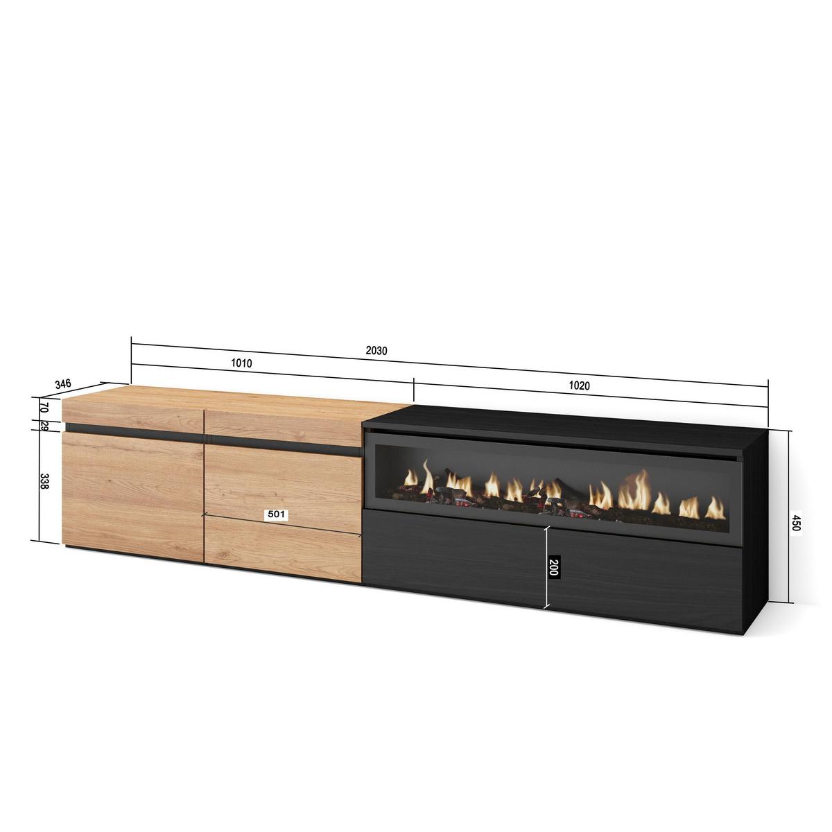 LOWBOARD, mit Elektrokamin, Eiche, Schwarz, 200/35/45cm - Eichefarben/Schwarz, Holzwerkstoff (200/45/35cm) - Skraut Home