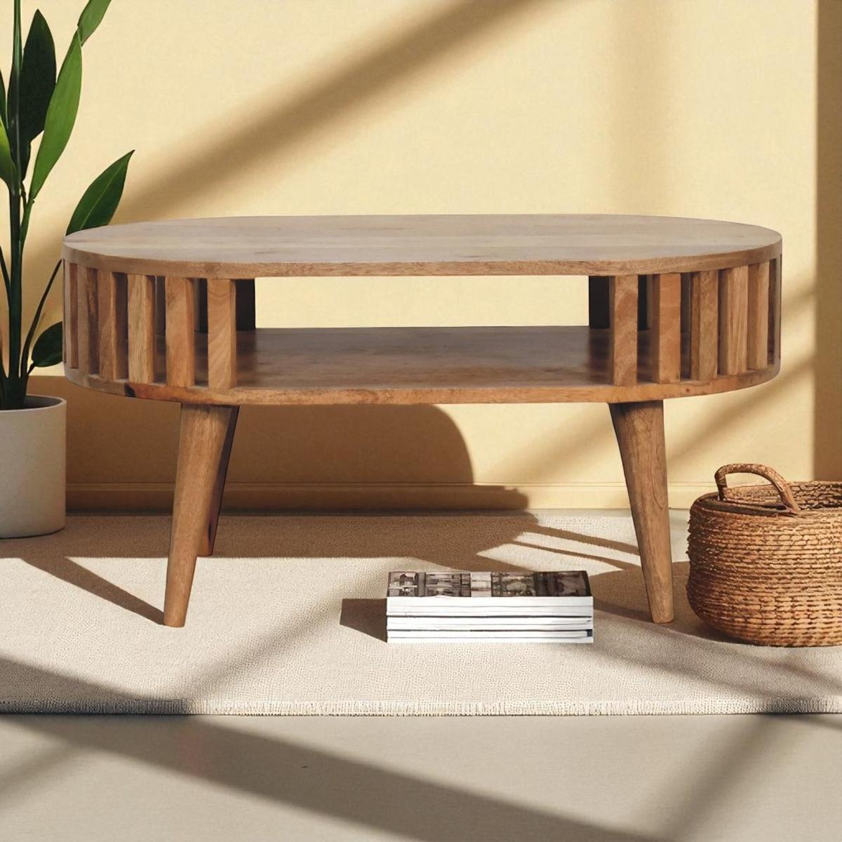 COUCHTISCH aus Massivholz, Offener Stauraum, Nordische Beine - Kastanienfarben/Messingfarben, Holz/Metall (50/80/50cm) - Artisan Furniture
