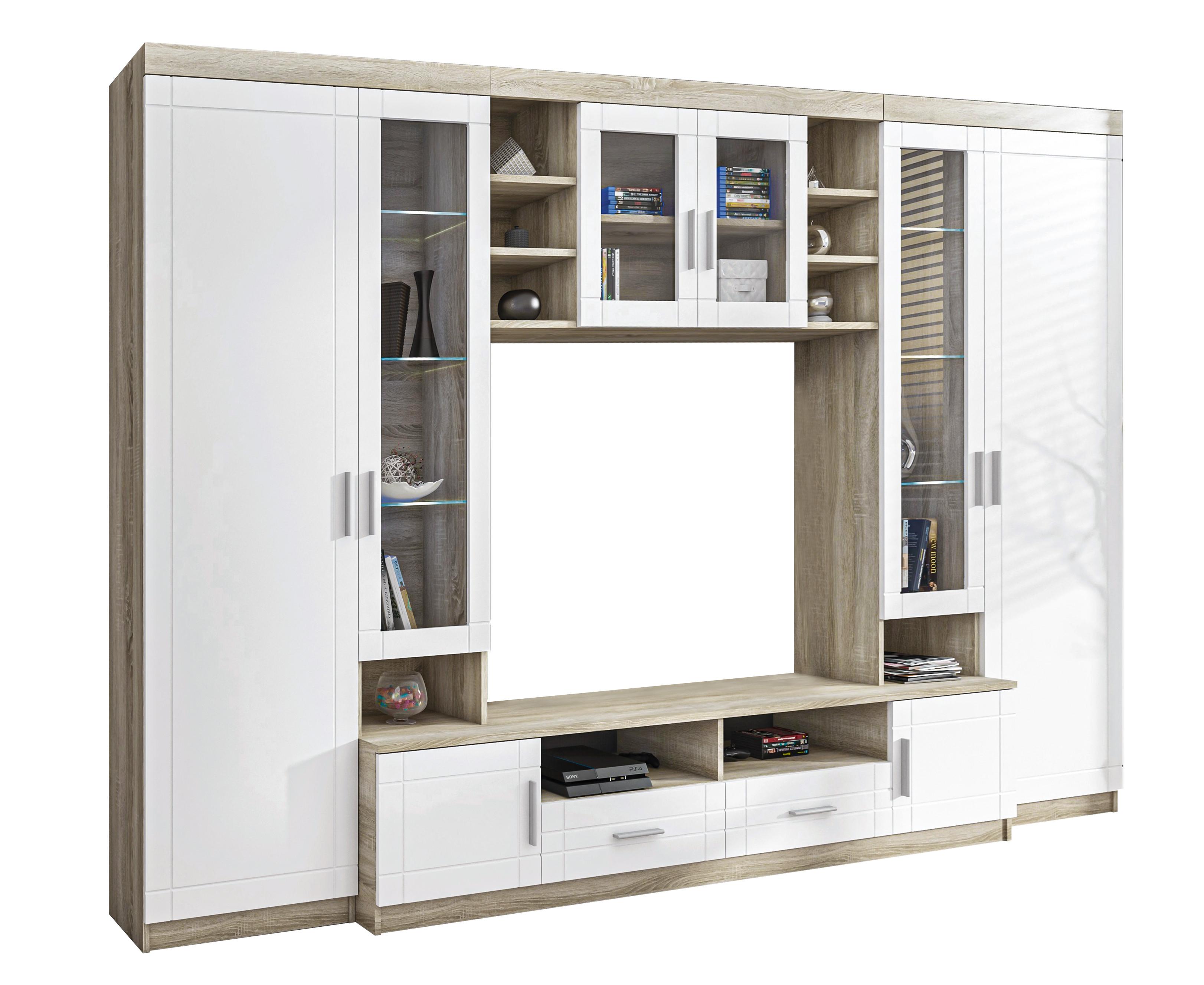 WOHNWAND Parisca Sonoma Eiche, Weiß 340/198/44 cm mit viel Stauraum - Beige/Weiß, Holzwerkstoff/Kunststoff (340/198/44cm) - AX Living