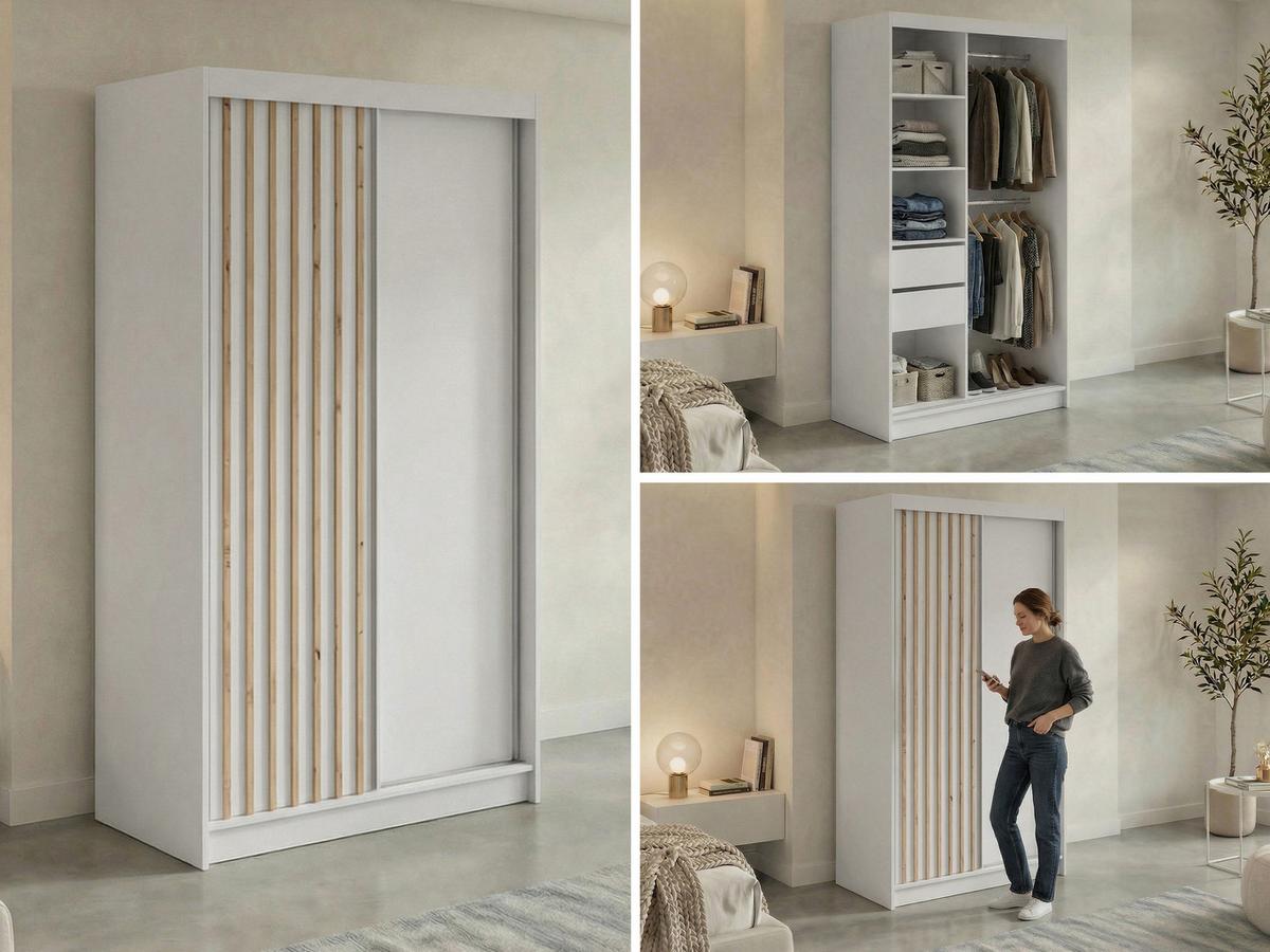 SCHWEBETÜRENSCHRANK mit Lamellen und Schubladen LUMOS - 120 - Weiß und Eiche Artisan - Alufarben/Weiß, Holzwerkstoff/Metall (120/216/61cm) - MKS
