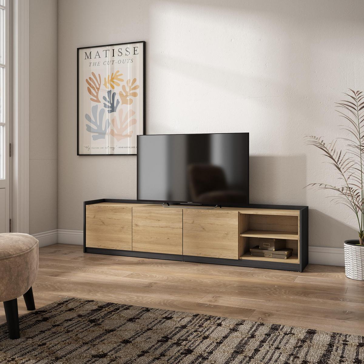 LOWBOARD, 207x37x50cm, Für TV-Geräte bis zu 80", Fernsehtisch, Eiche Schwarz - Eichefarben, Holzwerkstoff (207/50/37cm) - Skraut Home