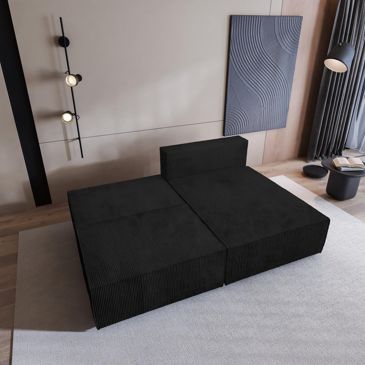 ECKSOFA FIORO P Schwarz Kordstoff mit Schlaffunktion - Schwarz/Grau, Holz/Kunststoff (204/148cm) - MASSENO