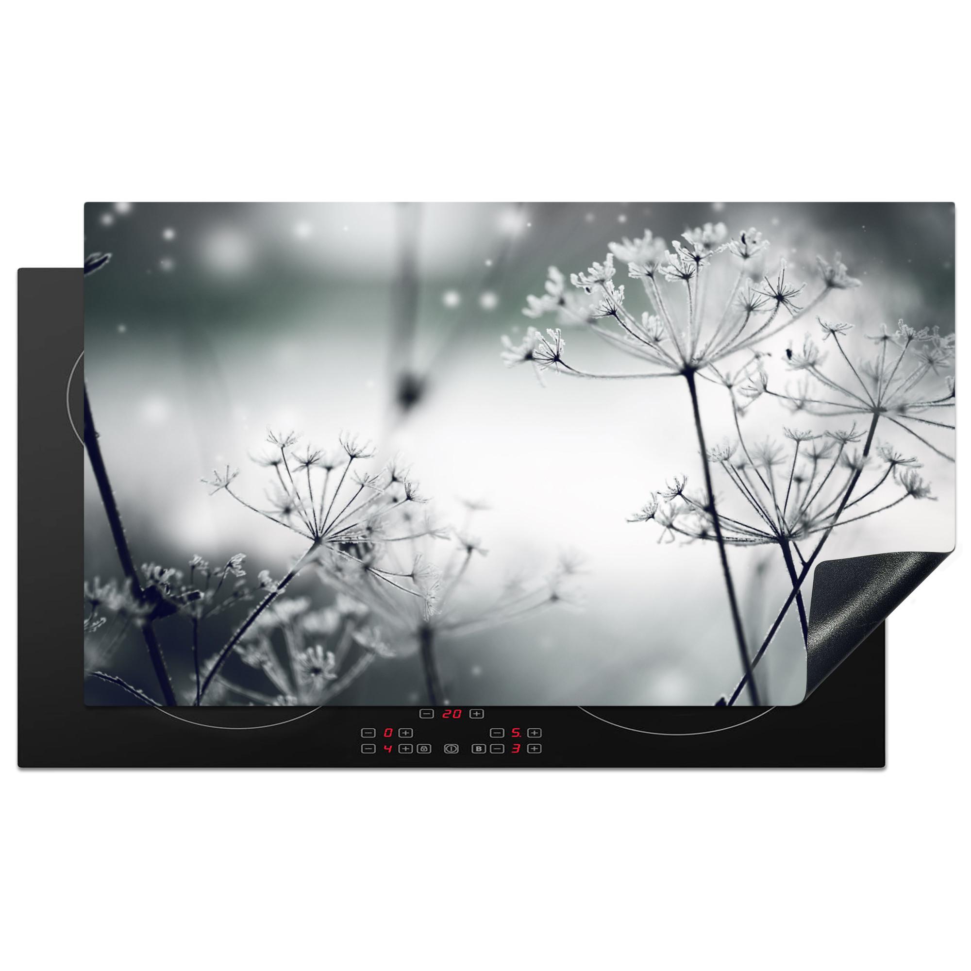 HERDABDECKPLATTE Blumen - Winter - Schnee - Natur Induktionsschutz 91.6x52.7 cm - Grau, Kunststoff (91.6/52.7/0.2cm) - MuchoWow