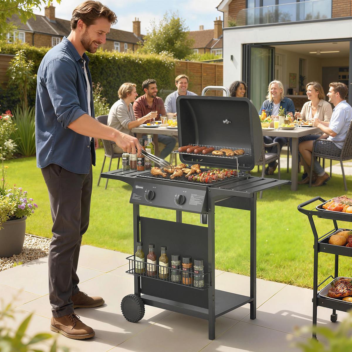 GASGRILL mit 2 Brenner aus Metall Schwarz - Schwarz, Metall (56/95/99cm) - Outsunny