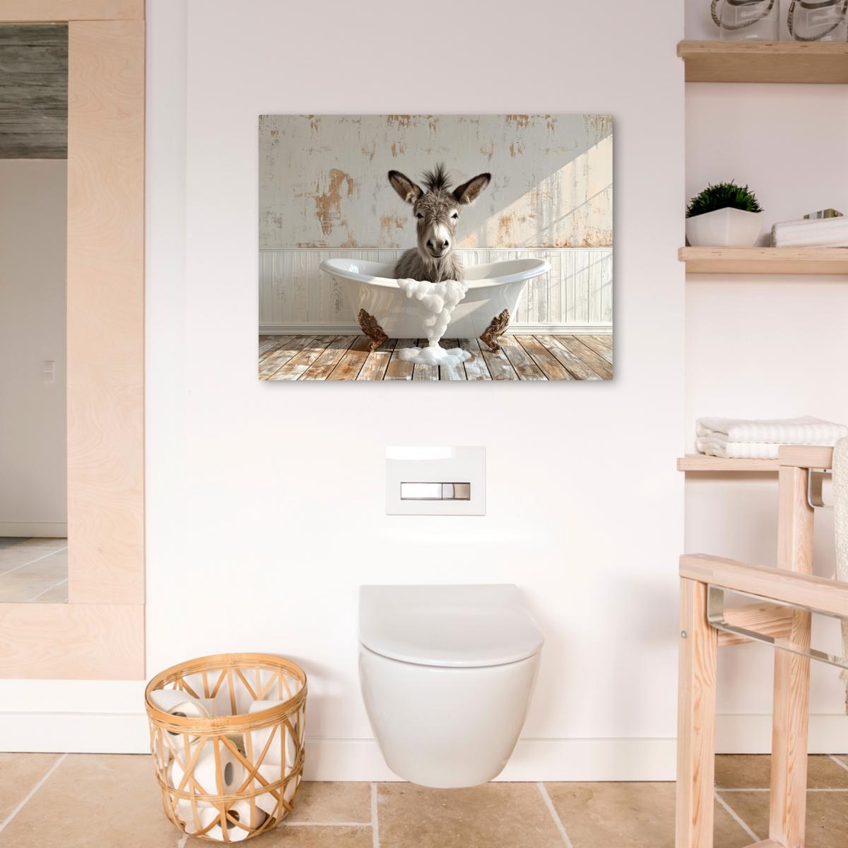 LEINWANDBILD Esel - Tiere - Badewanne - Schaumstoff Wandbilder 80x60 cm - Weiß, Textil (80/60cm) - MuchoWow